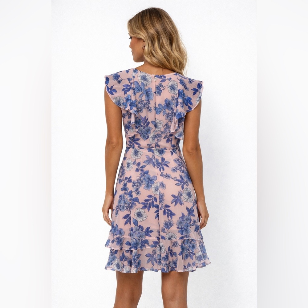 Tommy Hilfiger Floral Chiffon Ruffle Dress Pink Blue Flutter Sleeve-Like New - Picture 3 of 6